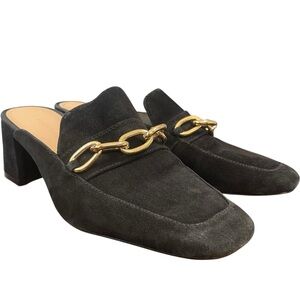 Banana Republic Black Suede Block Heel Mules Gold Chain Link‎ Detail Size 7